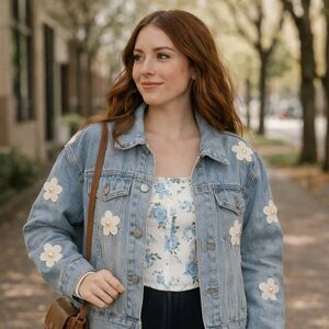 POL Pearl Flower Denim Jacket Large NWOT 🌸 Coquette Romantic Academia